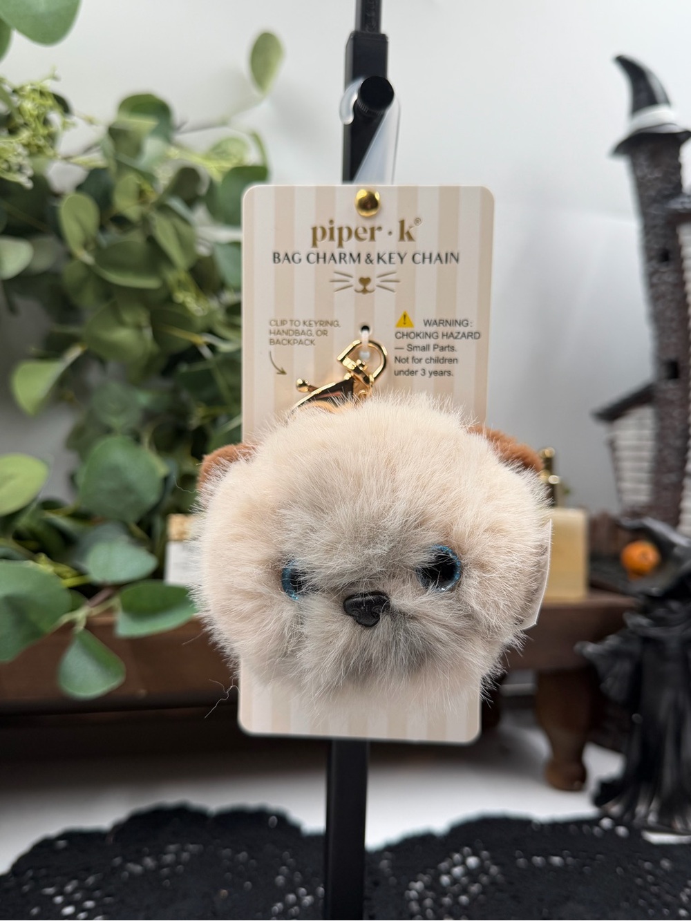 piper k fluffy cat plush bag charm keychain cream blue eyes